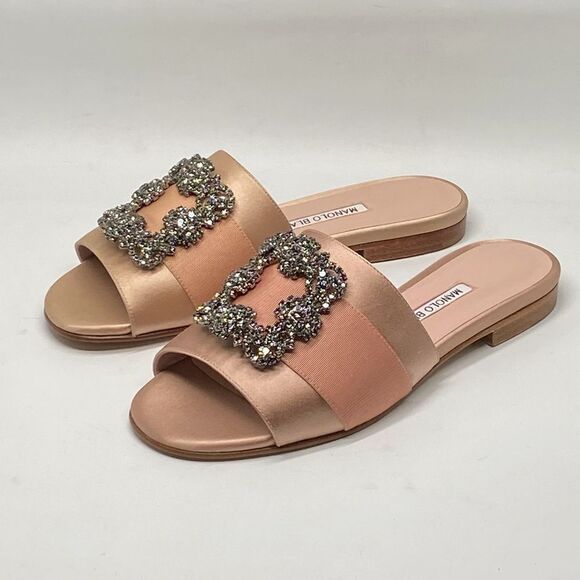 Manolo Blahnik Beige Satin Jewel Buckled Flat Sandals size 37 - Picture 7 of 15